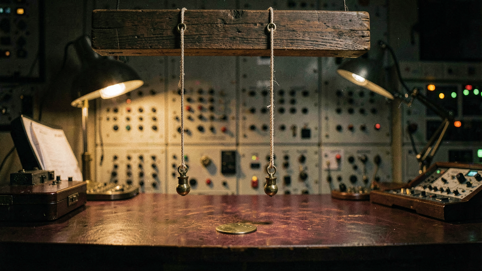 Two plumb bobs hang on cords from a timber beam; the left aligns true above its brass floor-marker while the right angles off-center, its tip resting wide of its own marker, encoding two diverging measurement regimes in a single frozen instant.