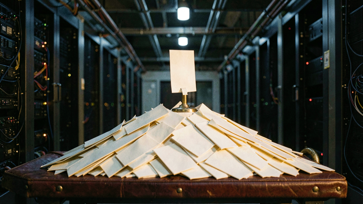 A brass clip-stand holds a single blank slip upright above a spilling heap of identical blank slips, while a fresh slip hangs frozen mid-drop between stand and heap, depicting a retained answer held in isolation while the same derivation recurs into the accumulating pile.