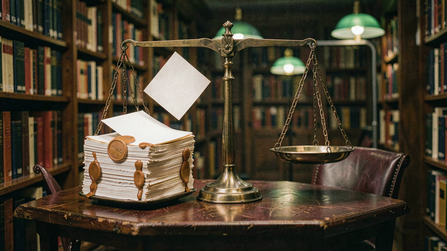 A balance scale tipped heavily left under a tall stack of blank wax-sealed pages, the right pan floating empty, one sealed page caught mid-fall above the pile.