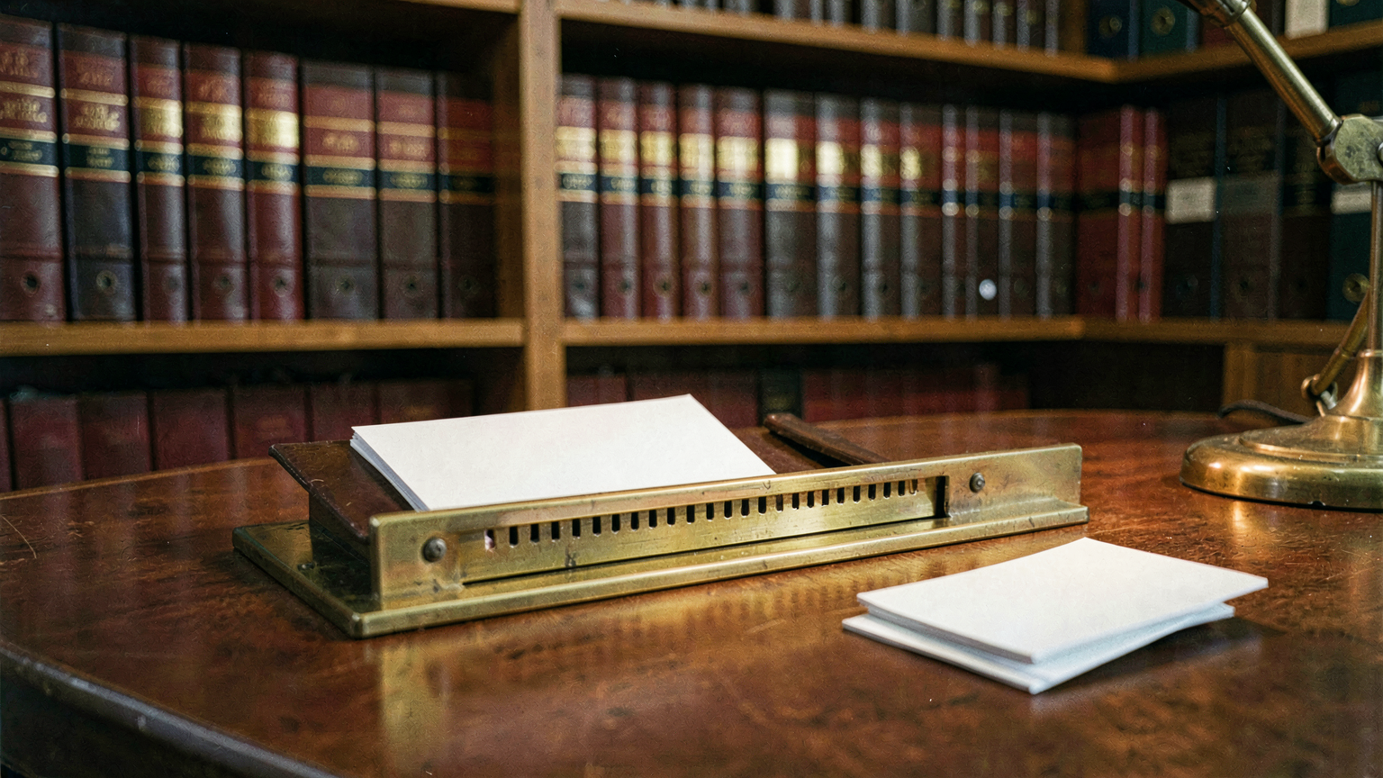 A brass contact-card index whose slotted rail admits only notched cards while un-notched cards are set aside.