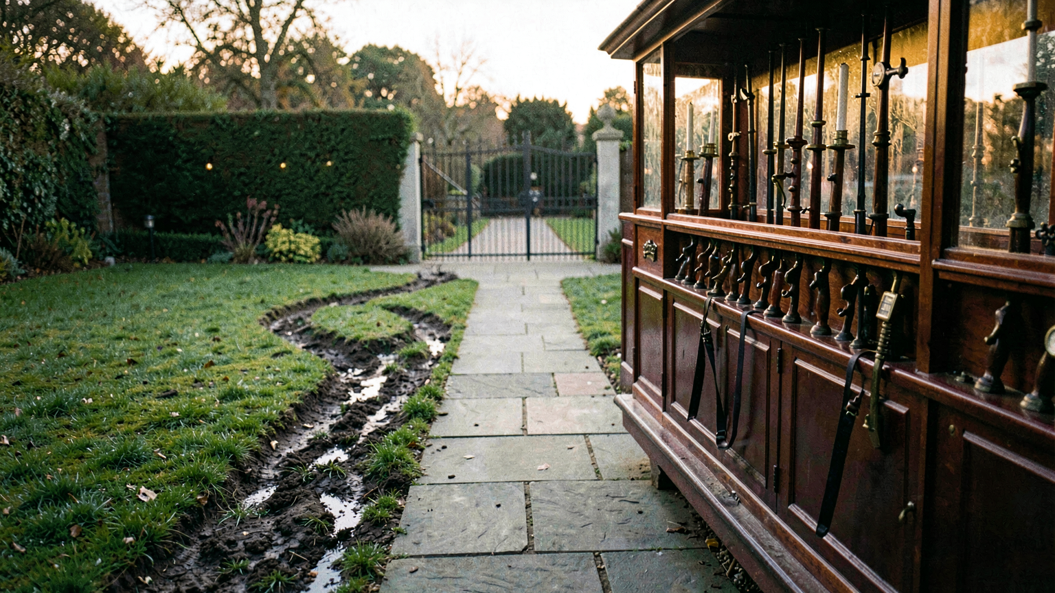 A neat unused paved garden path beside a muddy worn shortcut cutting across the grass, two separate routes.