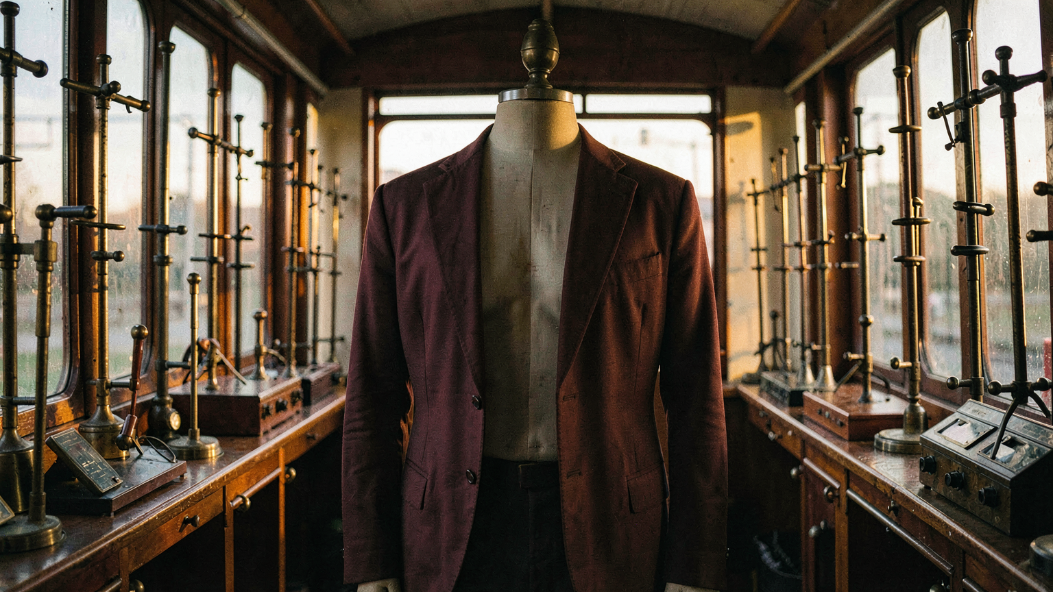 A dress form with a jacket finished only on the front, unfinished behind