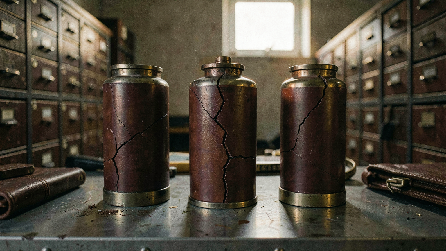 Three sealed cylinders in a row, each cracked at a distinct point — base joint, mid-valve, and top seal — fractures radiating outward from each failure site.