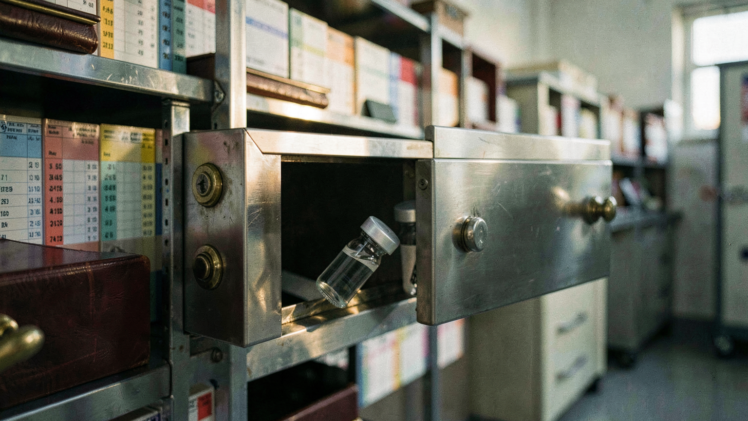 A sealed stainless specimen cabinet with one drawer ajar and a plain unlabelled vial slipping from the gap.