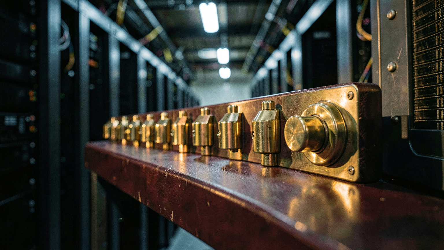 A sequence of smooth brass flip-guards latched down leading to one larger master switch, all surfaces unmarked.