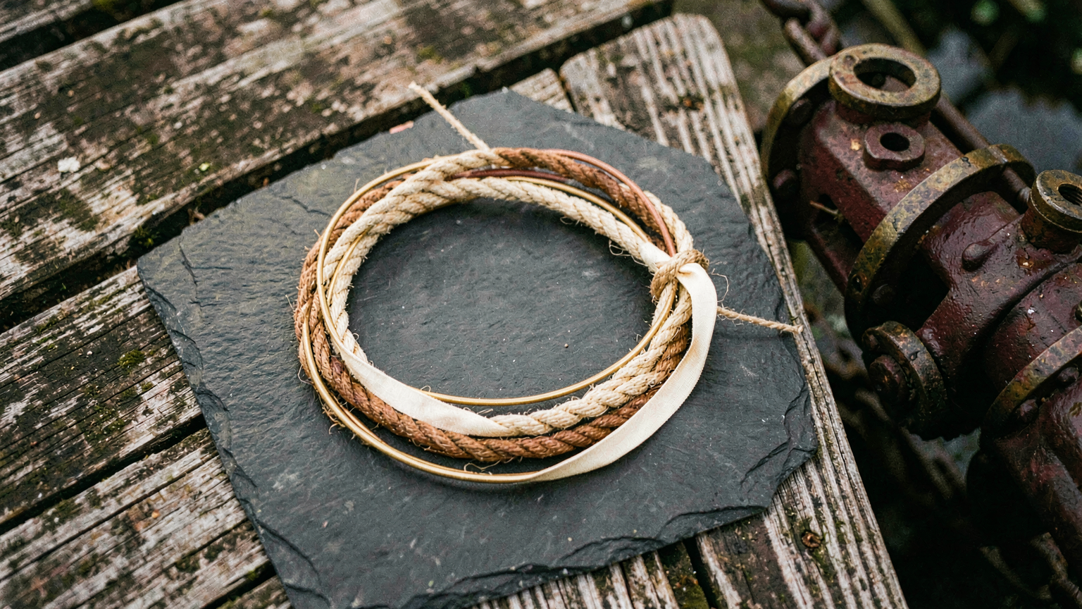 Five identical knots tied in contrasting materials form a closed ring on a dark slate surface, where the final knot touches the first.