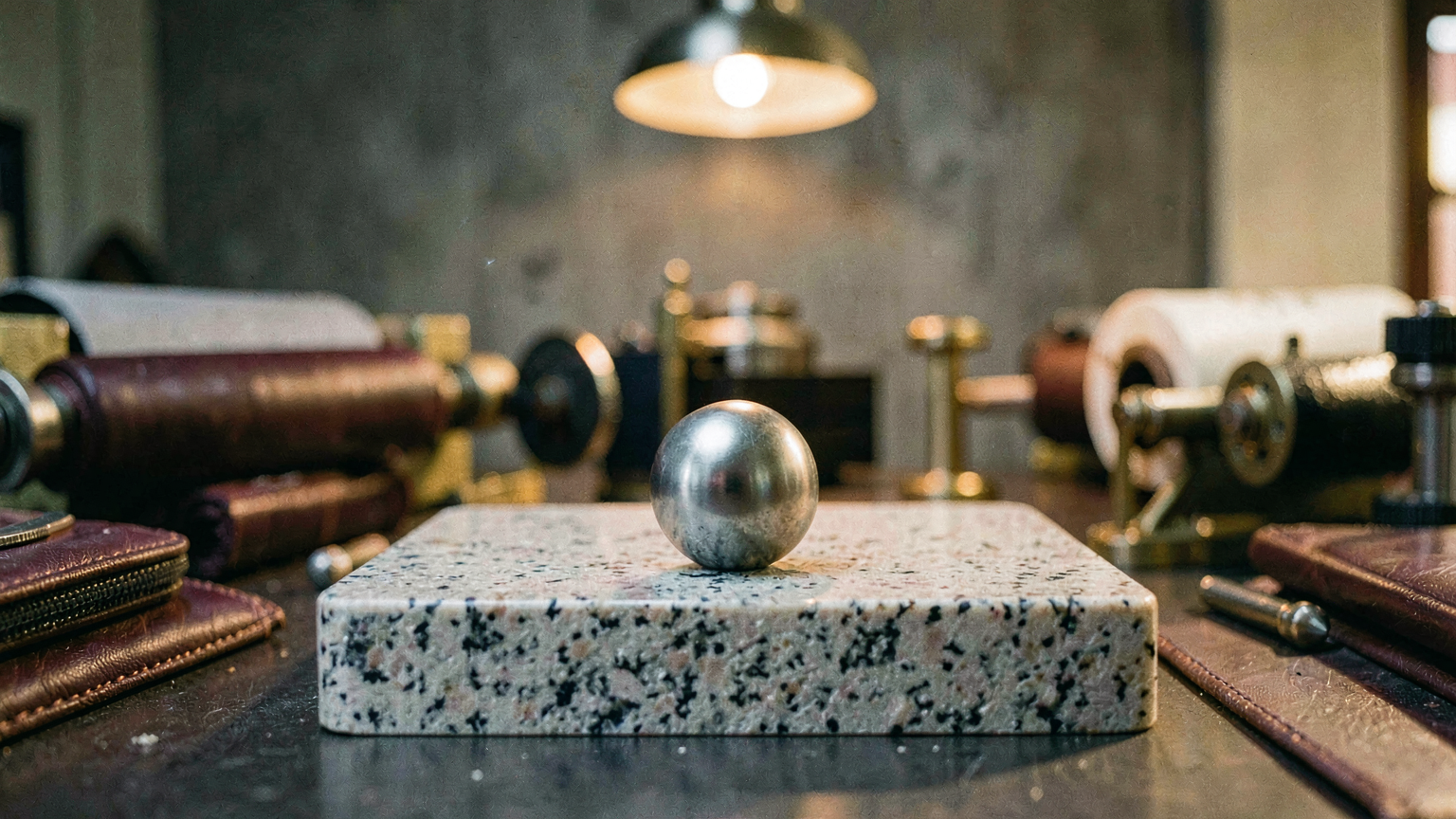 A steel ball bearing settled dead-centre in the V-groove of a plain granite reference block, true and still.