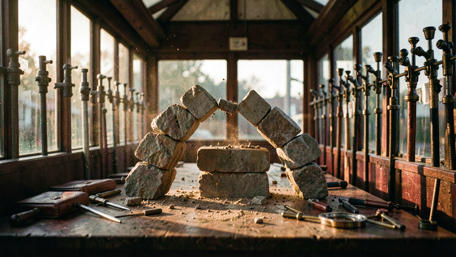 A removed keystone letting an arch of stones fall together at once